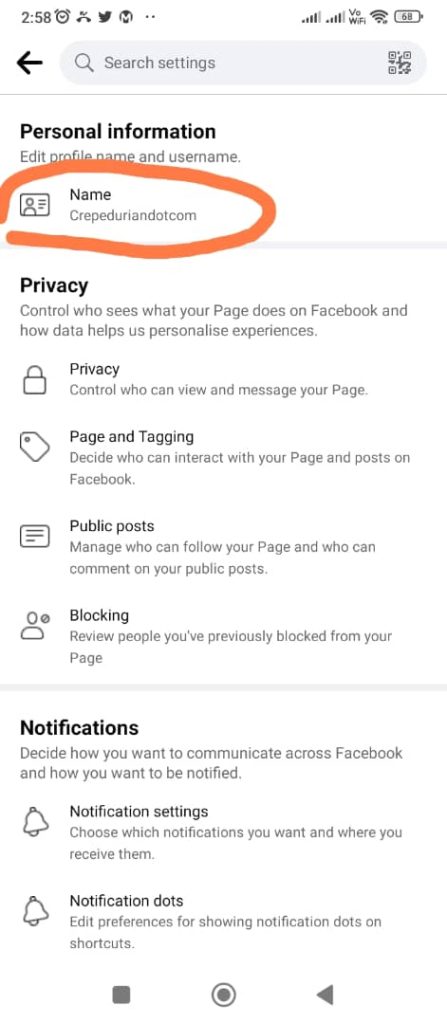 klik pad name - panduan tukar nama facebook page